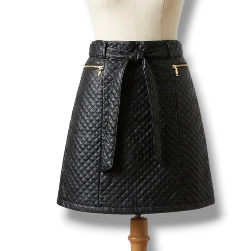Soho Apparel Women’s Black Quilted Faux Leather A-Line Mini Skirt Belted Large